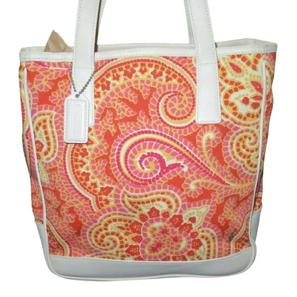 COACH Vintage Red & White Paisley Print Canvas & Leather Tote & white wristlet - Picture 2 of 16